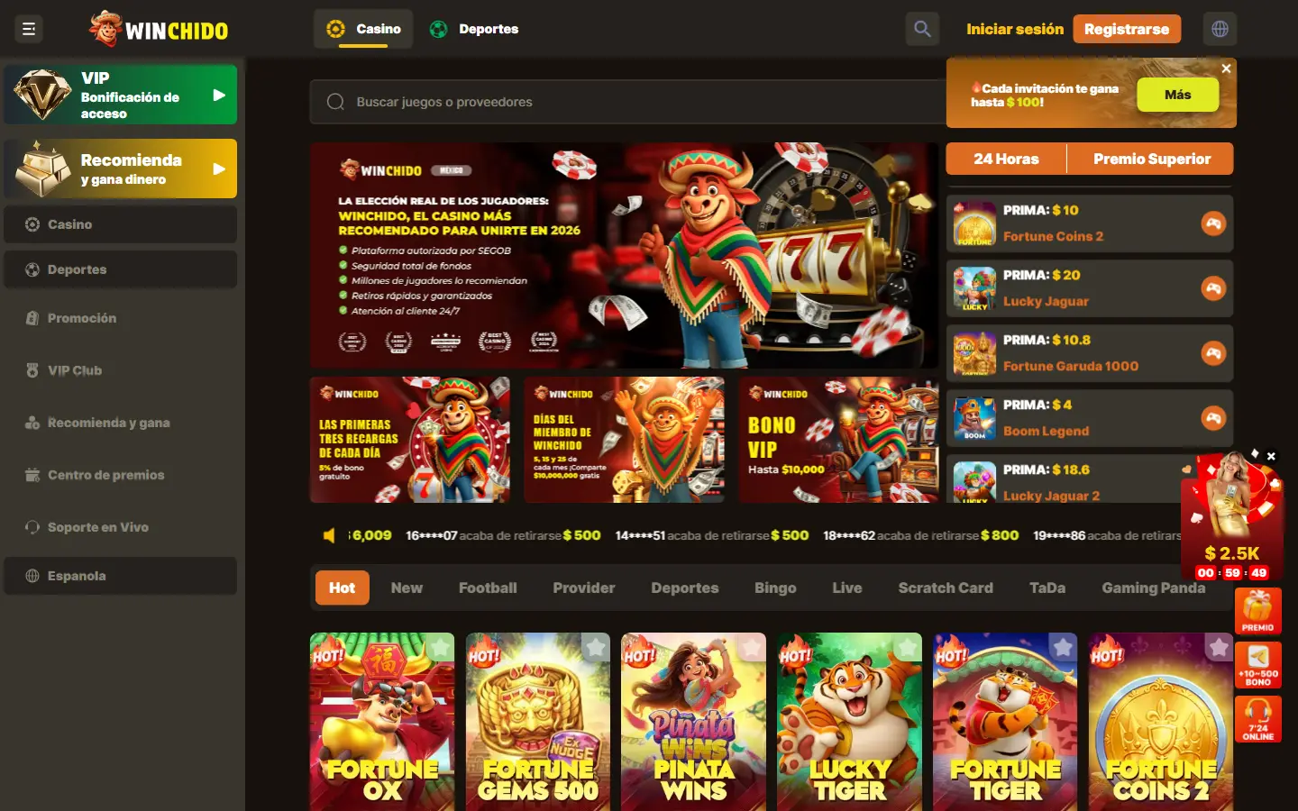 Inicio y navegación de Winchido
